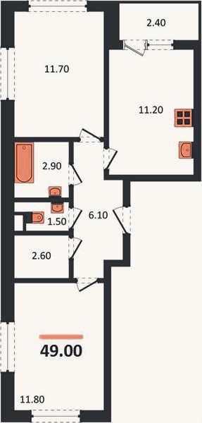 Планировка: 2-к, 49 м²