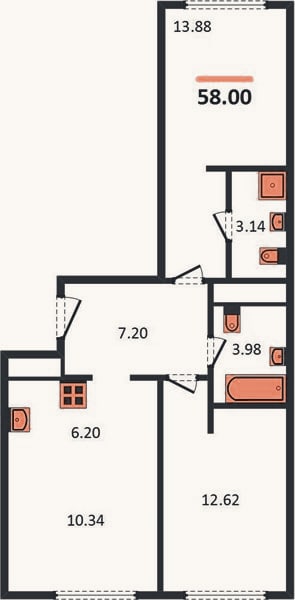 Планировка: 2-к, 58 м²