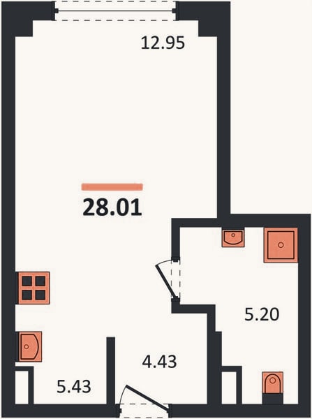 Планировка: Студия, 28 м²