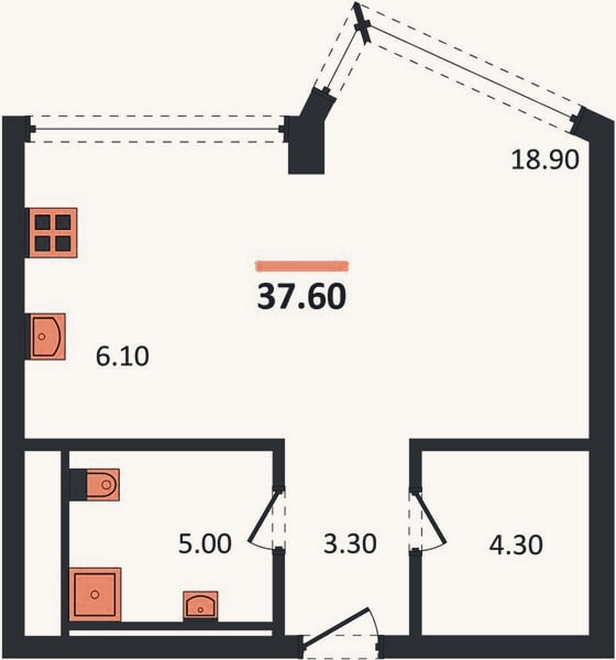 Планировка: Студия, 37,6 м²