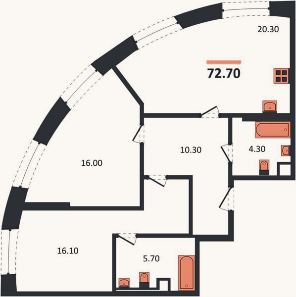 Планировка: 2-к, 72,7 м²