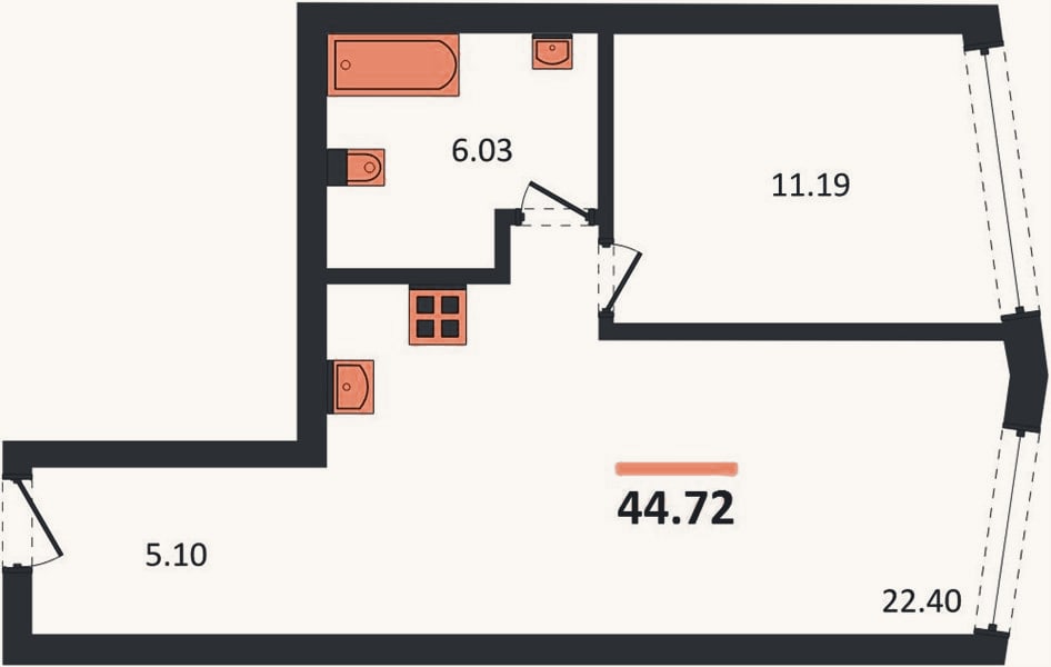 Планировка: 1-к, 44,7 м²
