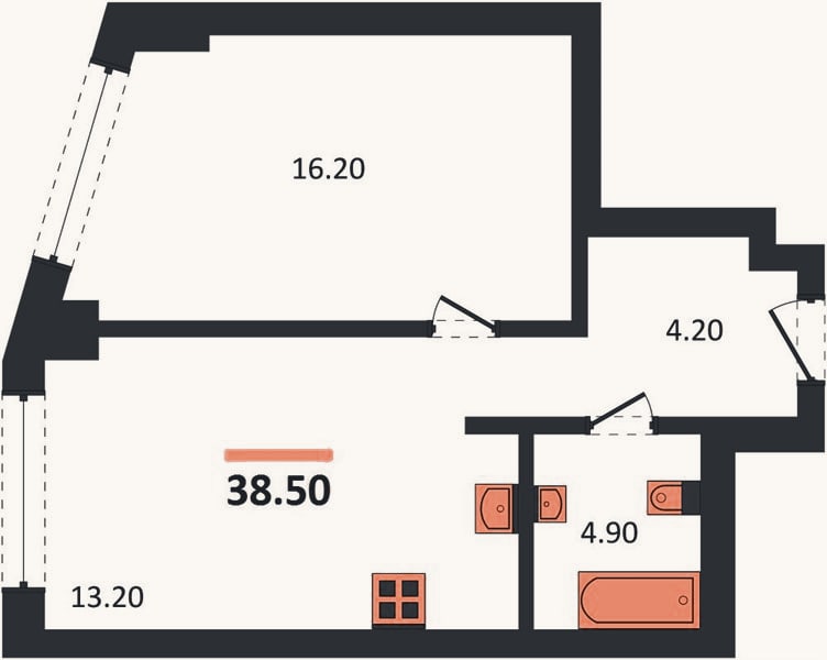 Планировка: 1-к, 38,5 м²