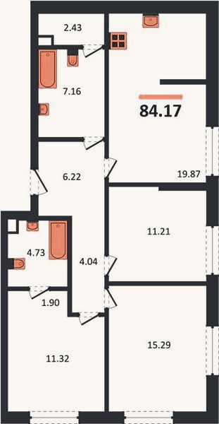 Планировка: 3-к, 84,2 м²