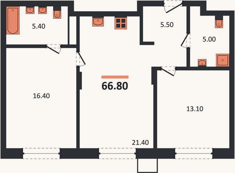 Планировка: 2-к, 66,8 м²