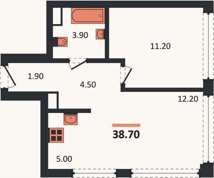 Планировка: 1-к, 39 м²