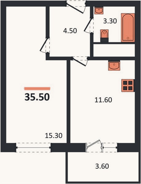 Планировка: 1-к, 35,5 м²