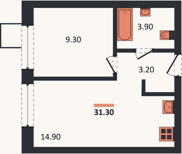 Планировка: 1-к, 31,3 м²