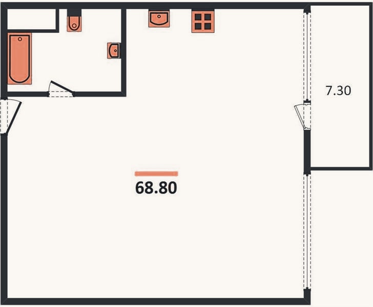 Планировка: 1-к, 68,8 м²