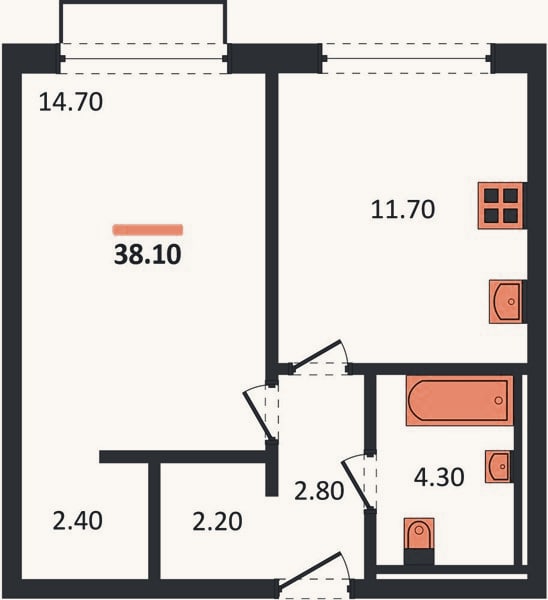 Планировка: 1-к, 38,1 м²