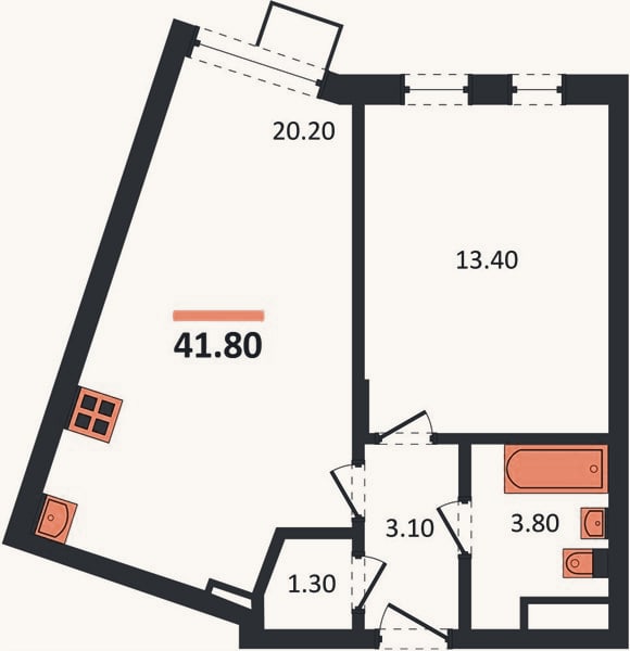 Планировка: 1-к, 41,8 м²