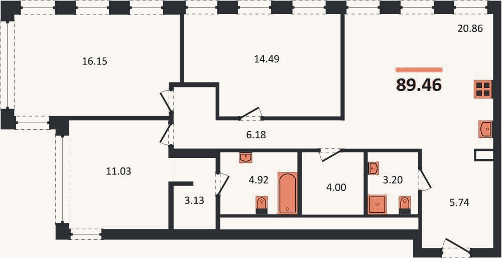 Планировка: 3-к, 89,5 м²