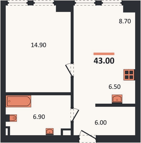 Планировка: 1-к, 43 м²