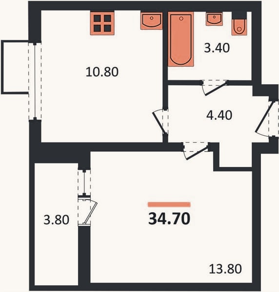 Планировка: 1-к, 34,7 м²