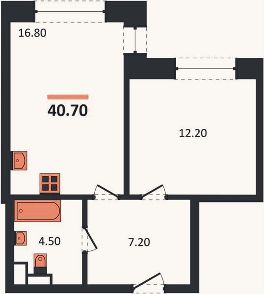 Планировка: 1-к, 40,7 м²