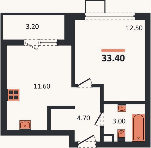 Планировка: 1-к, 33,4 м²