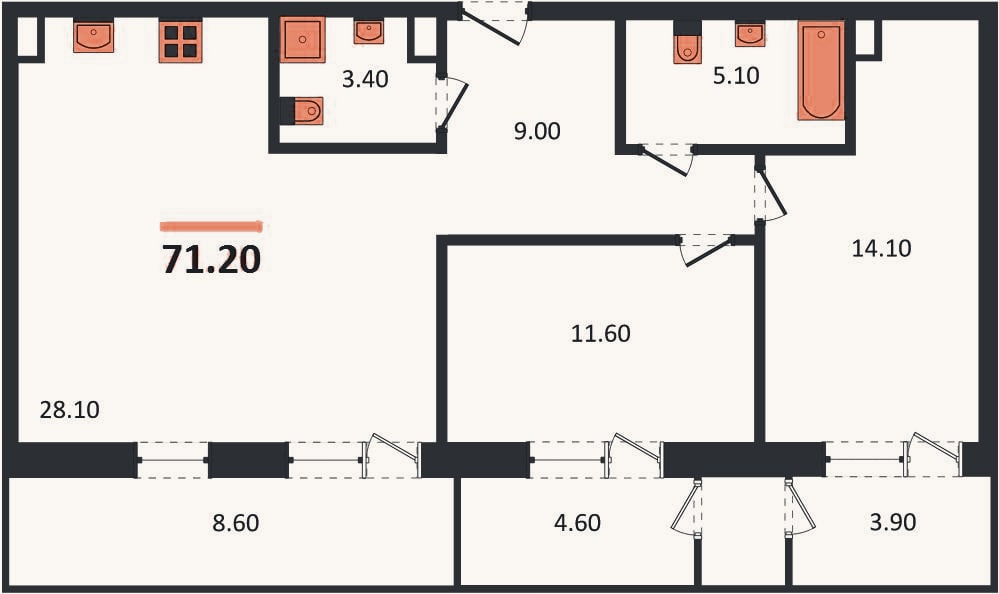 Планировка: 2-к, 71,2 м²