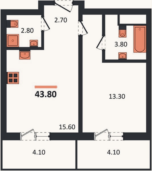 Планировка: 1-к, 43,8 м²