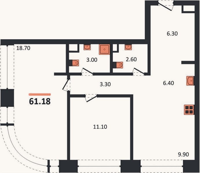 Планировка: 2-к, 61,2 м²