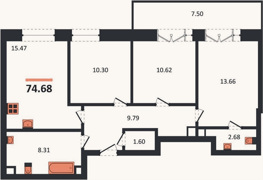 Планировка: 3-к, 74,7 м²
