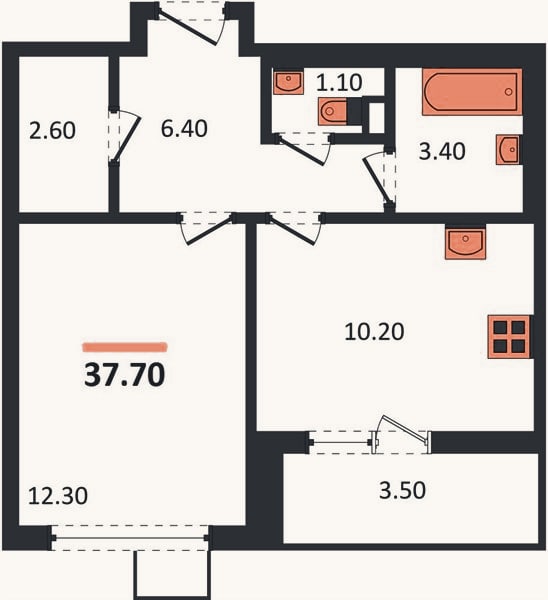 Планировка: 1-к, 37,7 м²