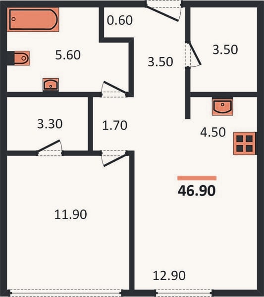 Планировка: 1-к, 46,9 м²