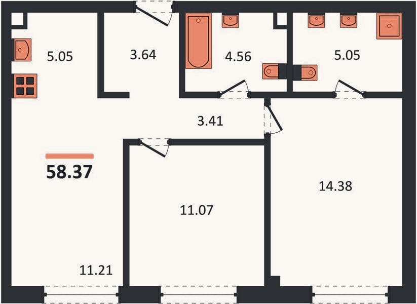 Планировка: 2-к, 58,4 м²