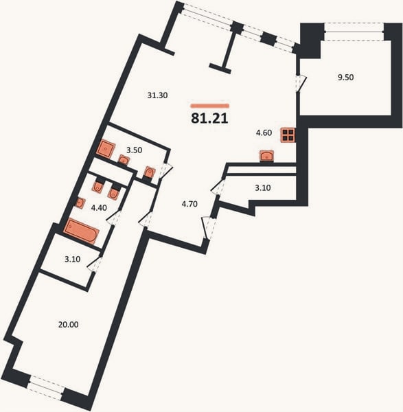Планировка: 3-к, 81,2 м²