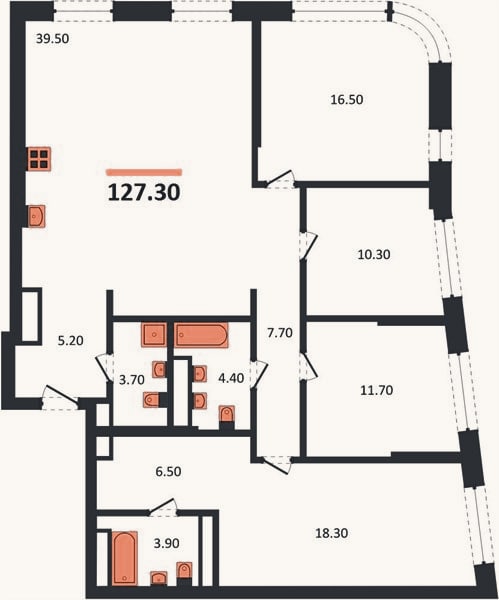 Планировка: 4+ к, 127,3 м²