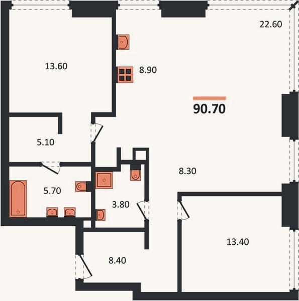 Планировка: 2-к, 90,7 м²