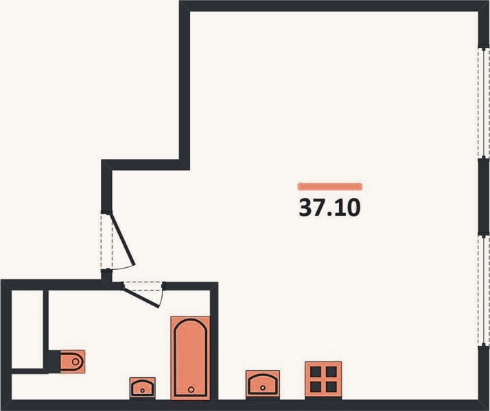 Планировка: 1-к, 37,1 м²