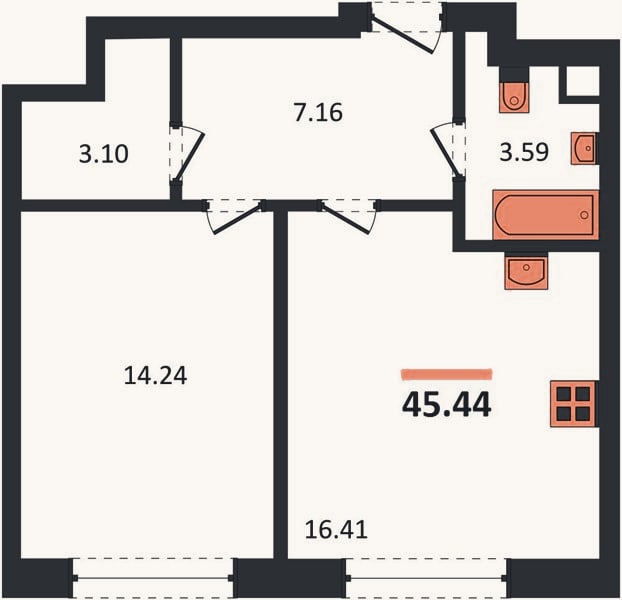 Планировка: 1-к, 45,4 м²