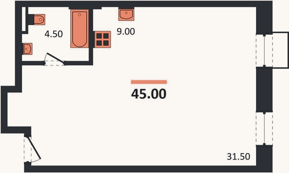 Планировка: Студия, 45 м²