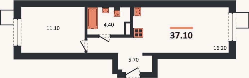 Планировка: 1-к, 37 м²