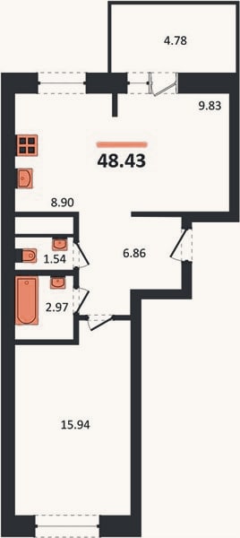 Планировка: 1-к, 48,4 м²