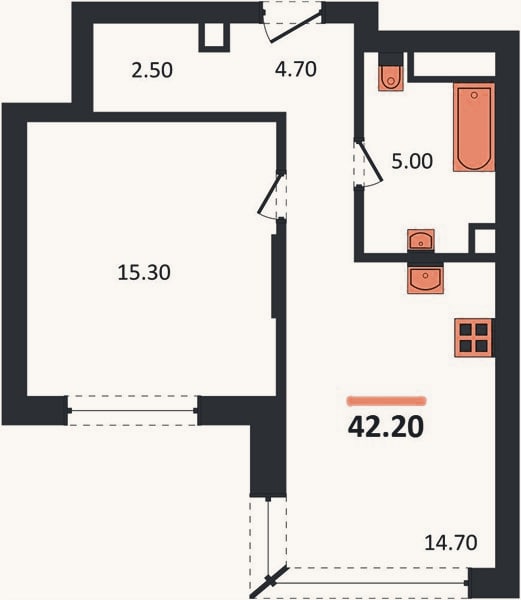 Планировка: 1-к, 42,2 м²