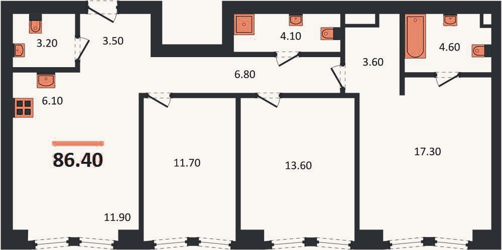 Планировка: 3-к, 86,4 м²