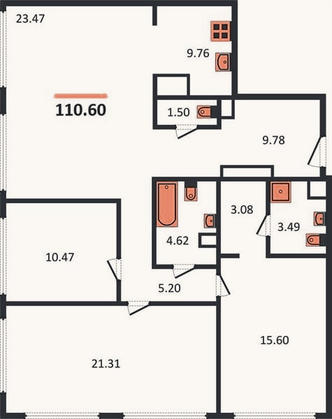 Планировка: 3-к, 110,6 м²