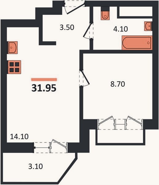 Планировка: 1-к, 32 м²