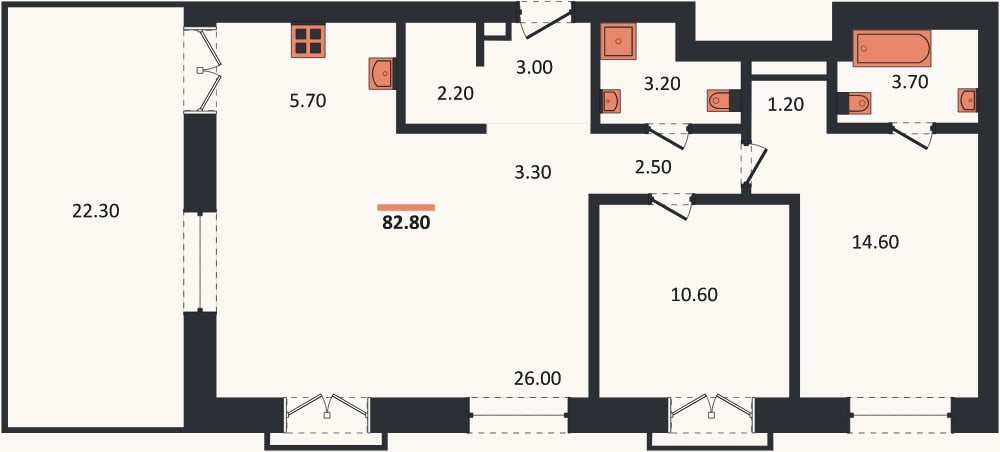 Планировка: 2-к, 82,8 м²