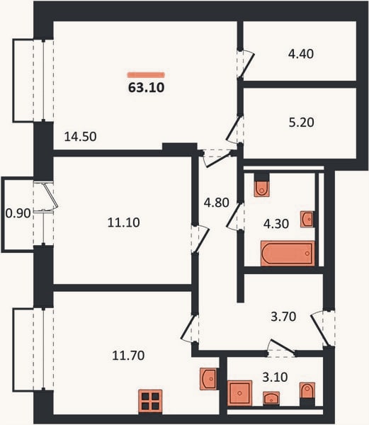 Планировка: 2-к, 63,1 м²