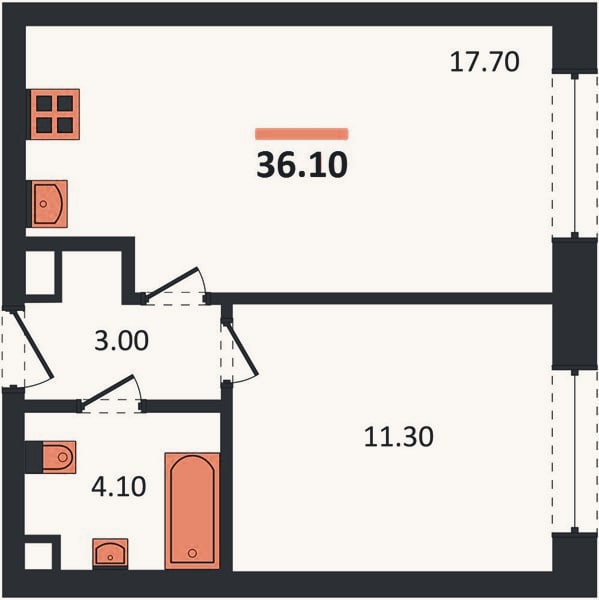 Планировка: 1-к, 36,1 м²