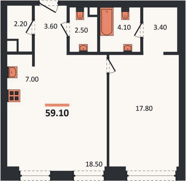 Планировка: 1-к, 59,1 м²