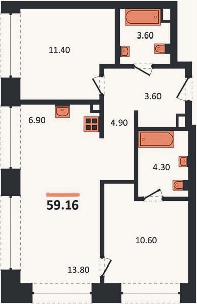 Планировка: 2-к, 59,2 м²