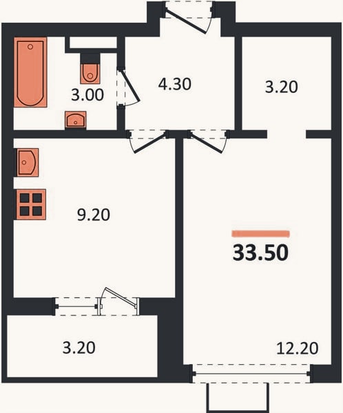 Планировка: 1-к, 33,5 м²