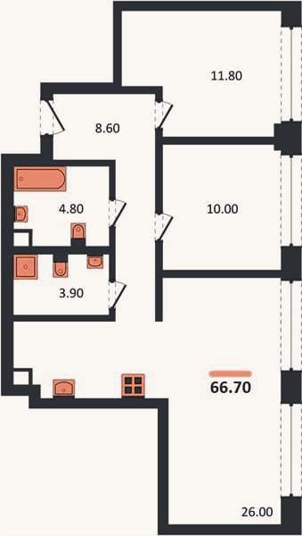 Планировка: 2-к, 66,7 м²