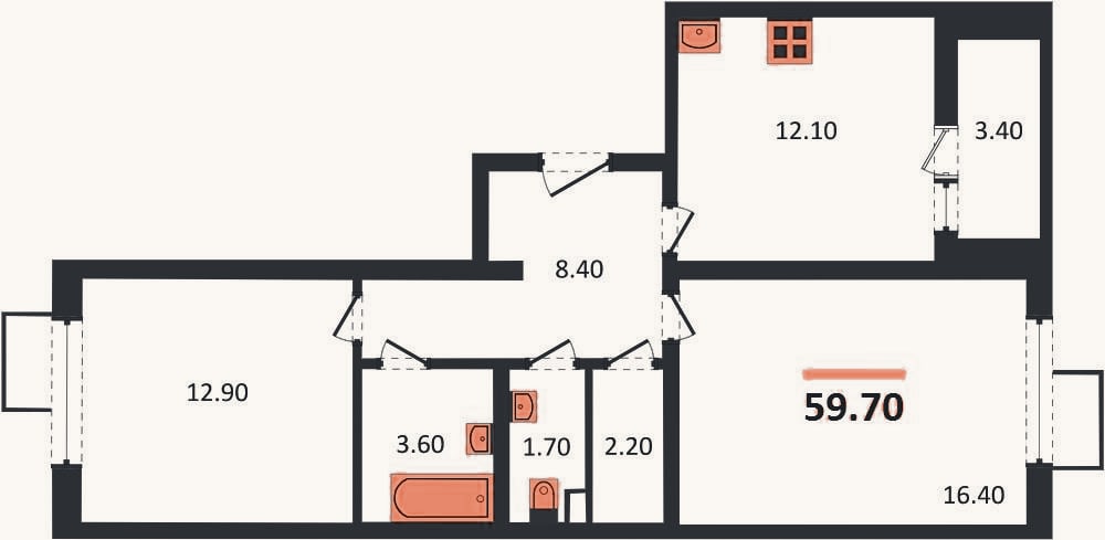 Планировка: 2-к, 59,7 м²