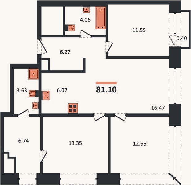 Планировка: 3-к, 81,1 м²