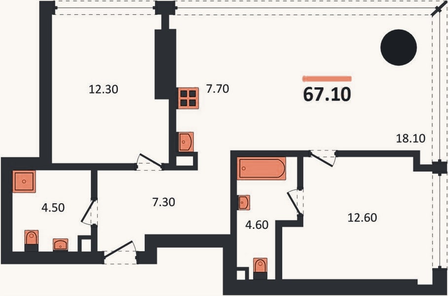 Планировка: 2-к, 67,1 м²