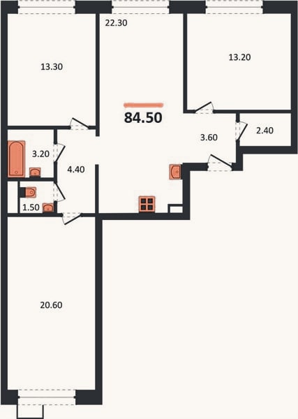 Планировка: 3-к, 84,5 м²